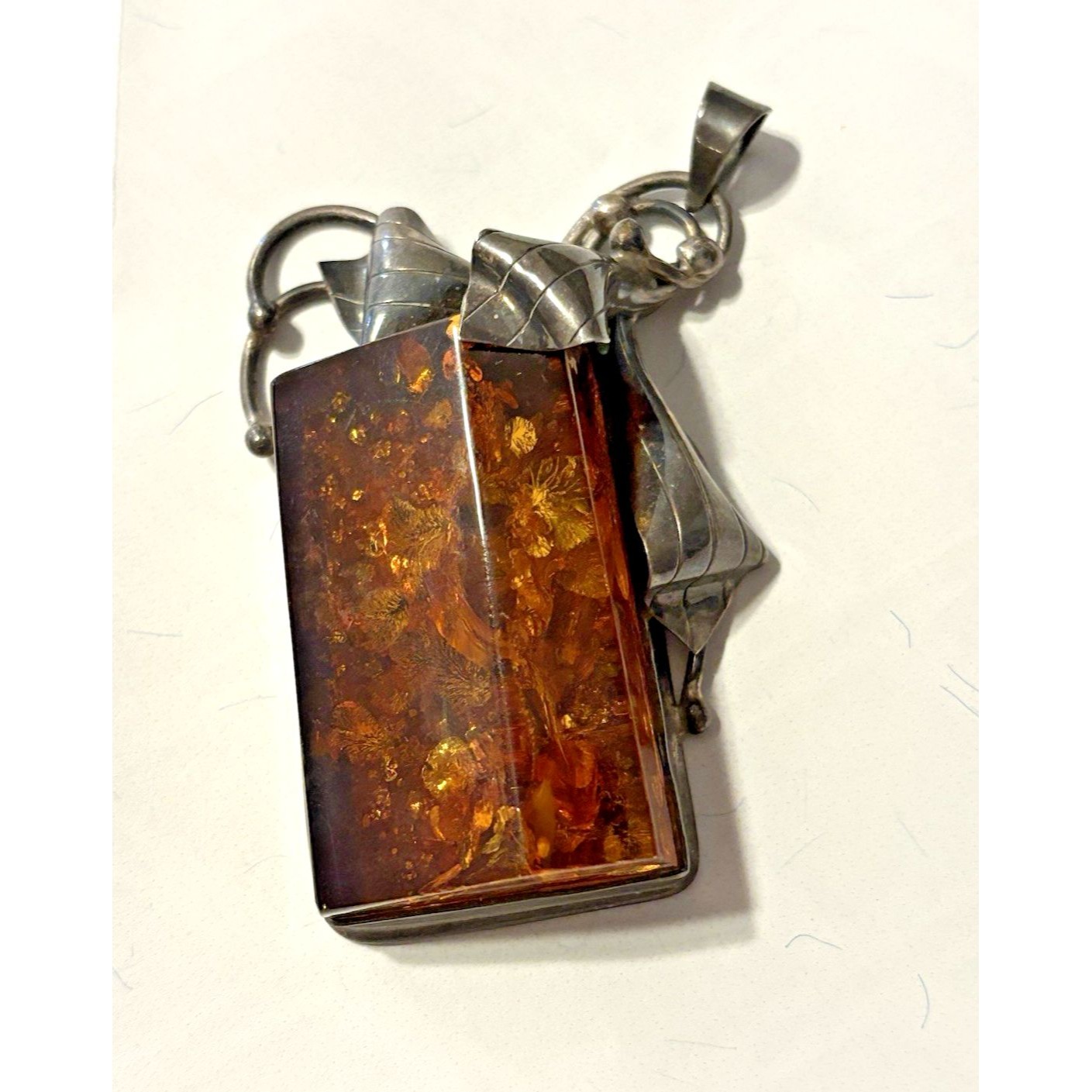 Vintage Baltic Amber Sterling Silver Pendant Chunky Rectangular Leaf